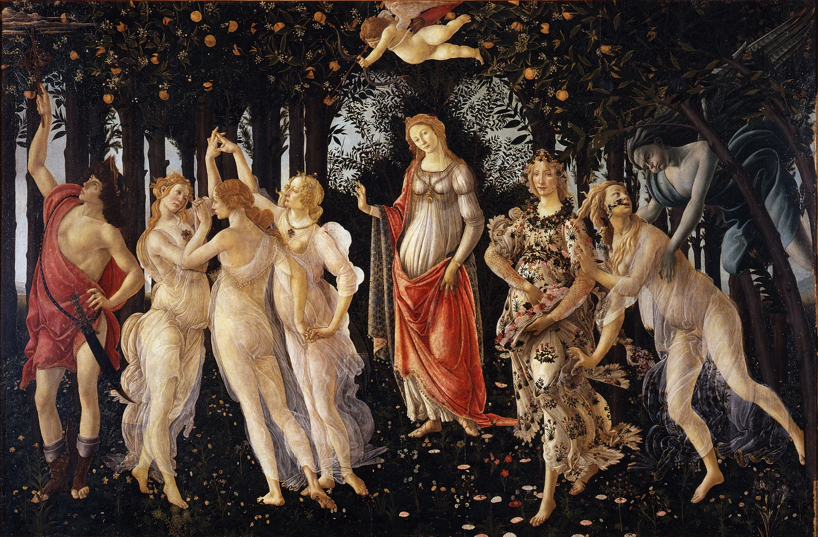 Primavera, também de Botticelli. A pintura é enorme e cheia de personagens; em vez de tentar decifrar tudo, procurem pri